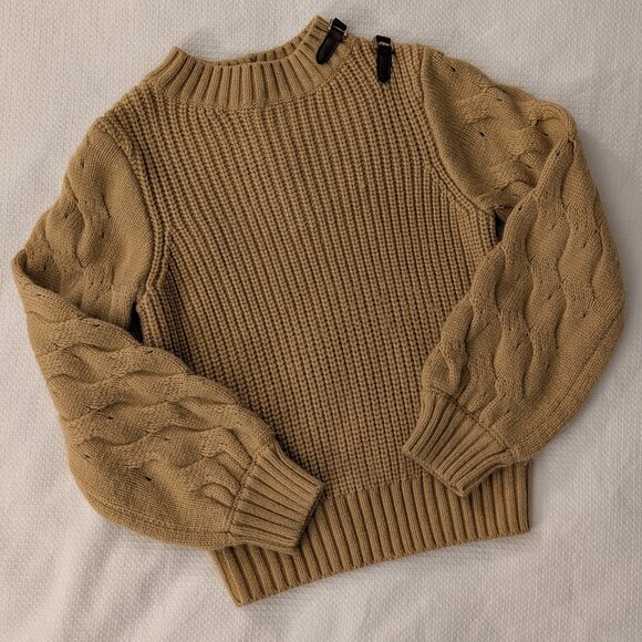 Janie and Jack Girl's Buckle Equestrian Classic Cable Knit Sweater Tan Beige 8 - Picture 6 of 6